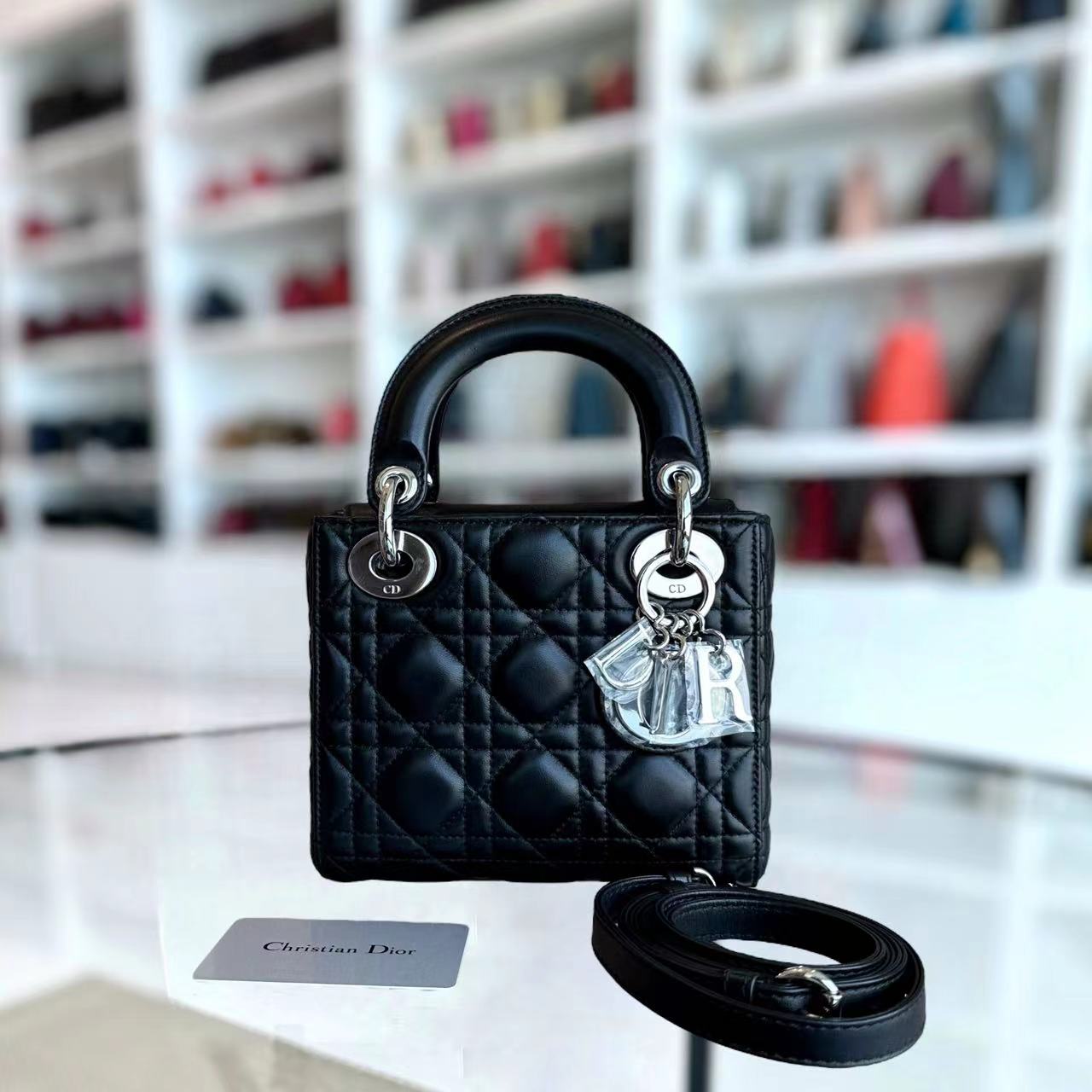 *Adjustable Strap* Lady Mini Cannage Lambskin Black Silver Hardware