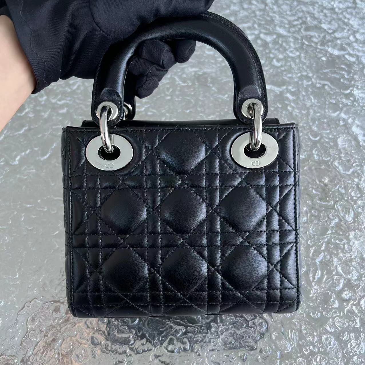 *Adjustable Strap* Lady Mini Cannage Lambskin Black Silver Hardware