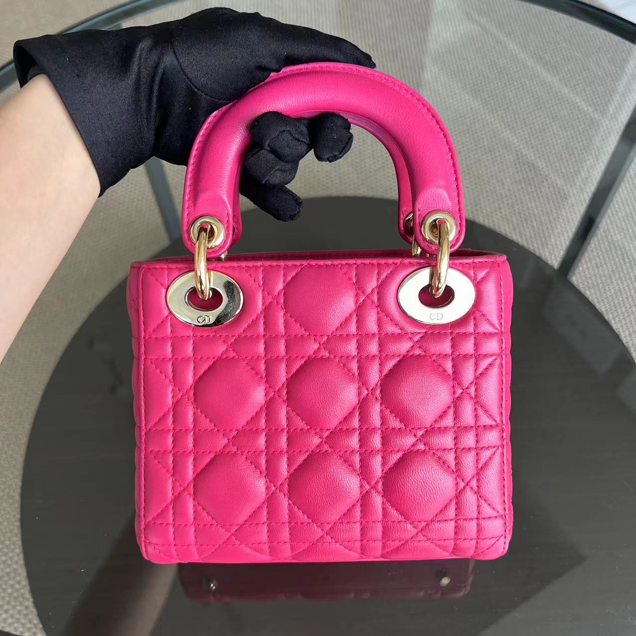*Adjustable Strap* Lady Mini Cannage Lambskin Hot Pink Golden Hardware