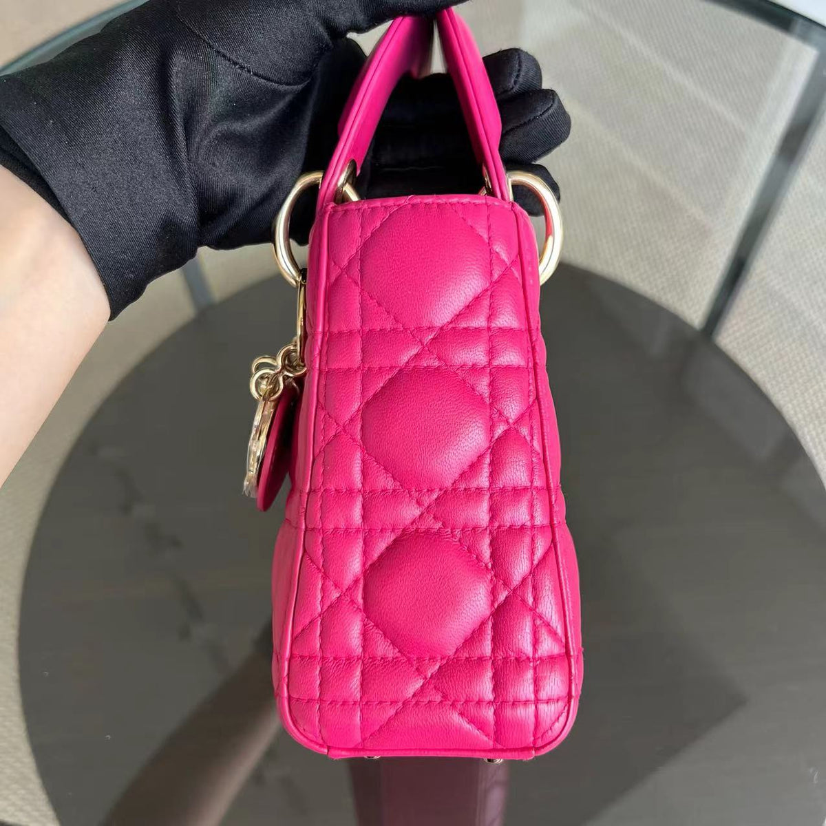 *Adjustable Strap* Lady Mini Cannage Lambskin Hot Pink Golden Hardware
