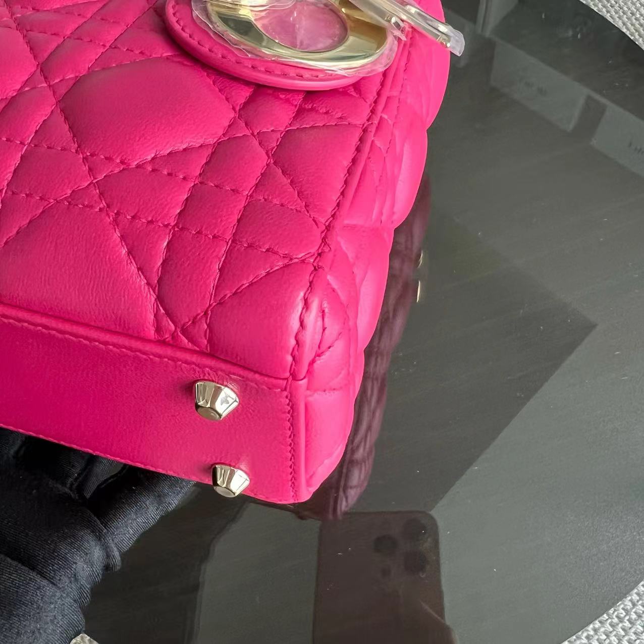 *Adjustable Strap* Lady Mini Cannage Lambskin Hot Pink Golden Hardware