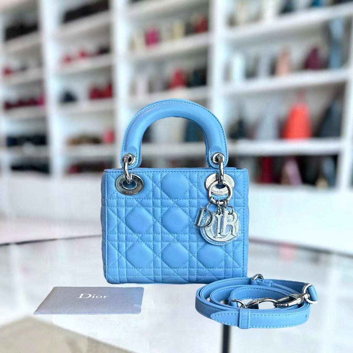 *Adjustable Strap* Lady Mini Cannage Lambskin Sky Blue Silver Hardware