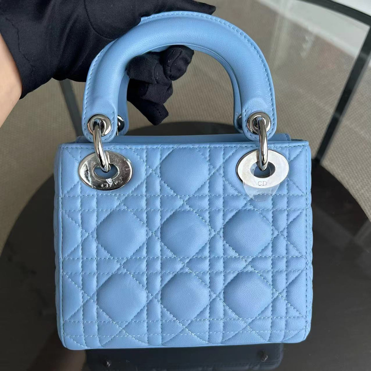 *Adjustable Strap* Lady Mini Cannage Lambskin Sky Blue Silver Hardware
