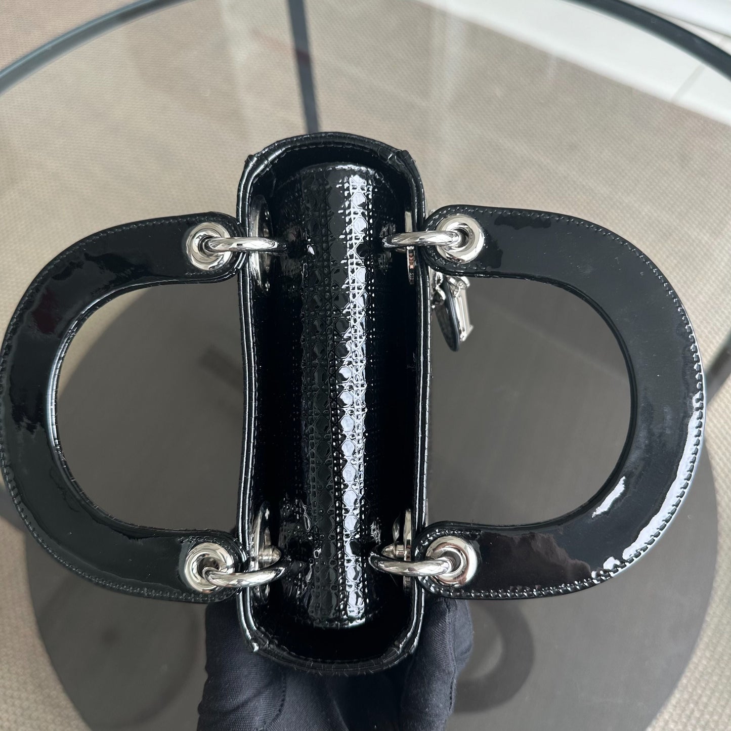 *Adjustable strap* Lady Mini Micro-Cannage Glazed Calfskin Leather Black SHW