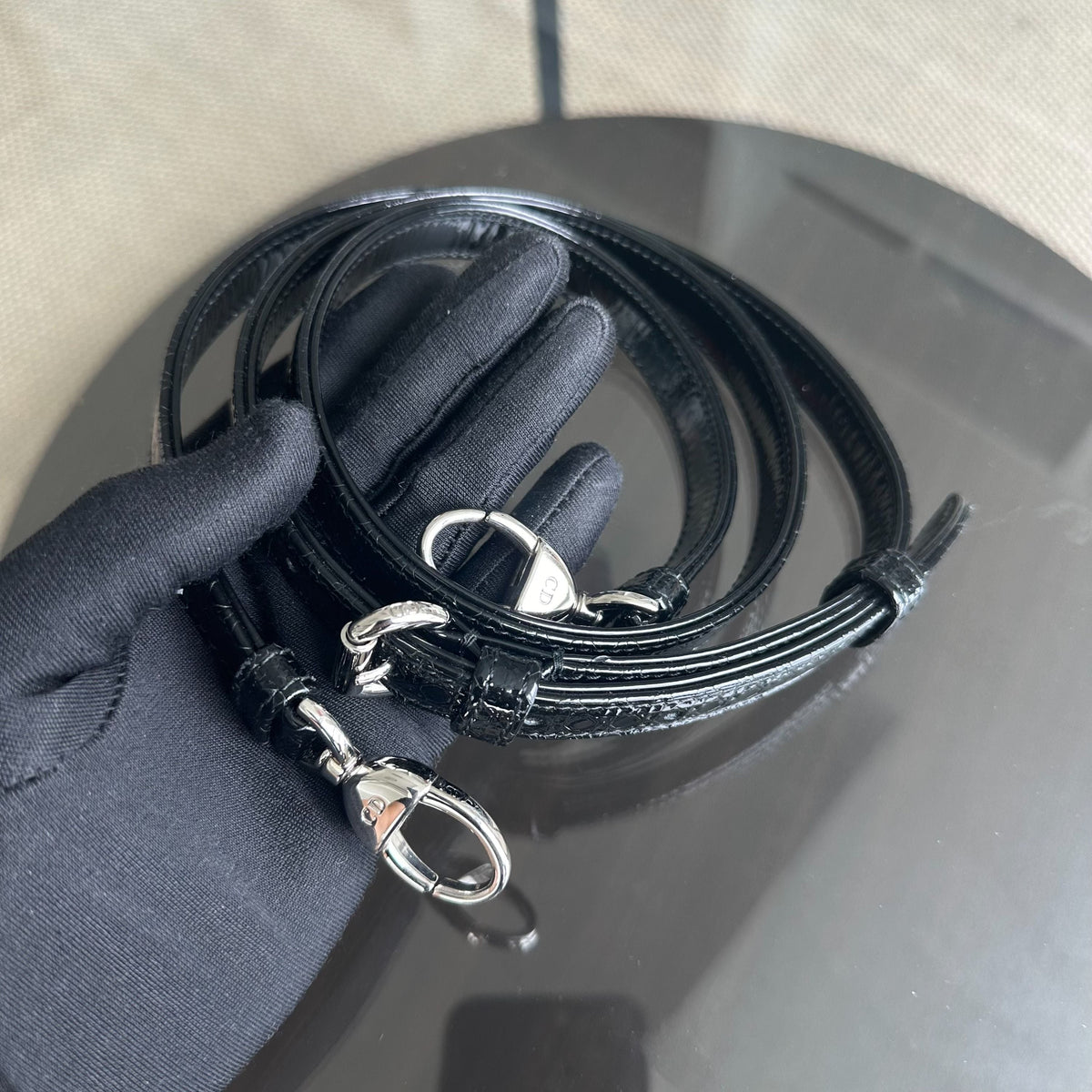 *Adjustable strap* Lady Mini Micro-Cannage Glazed Calfskin Leather Black SHW