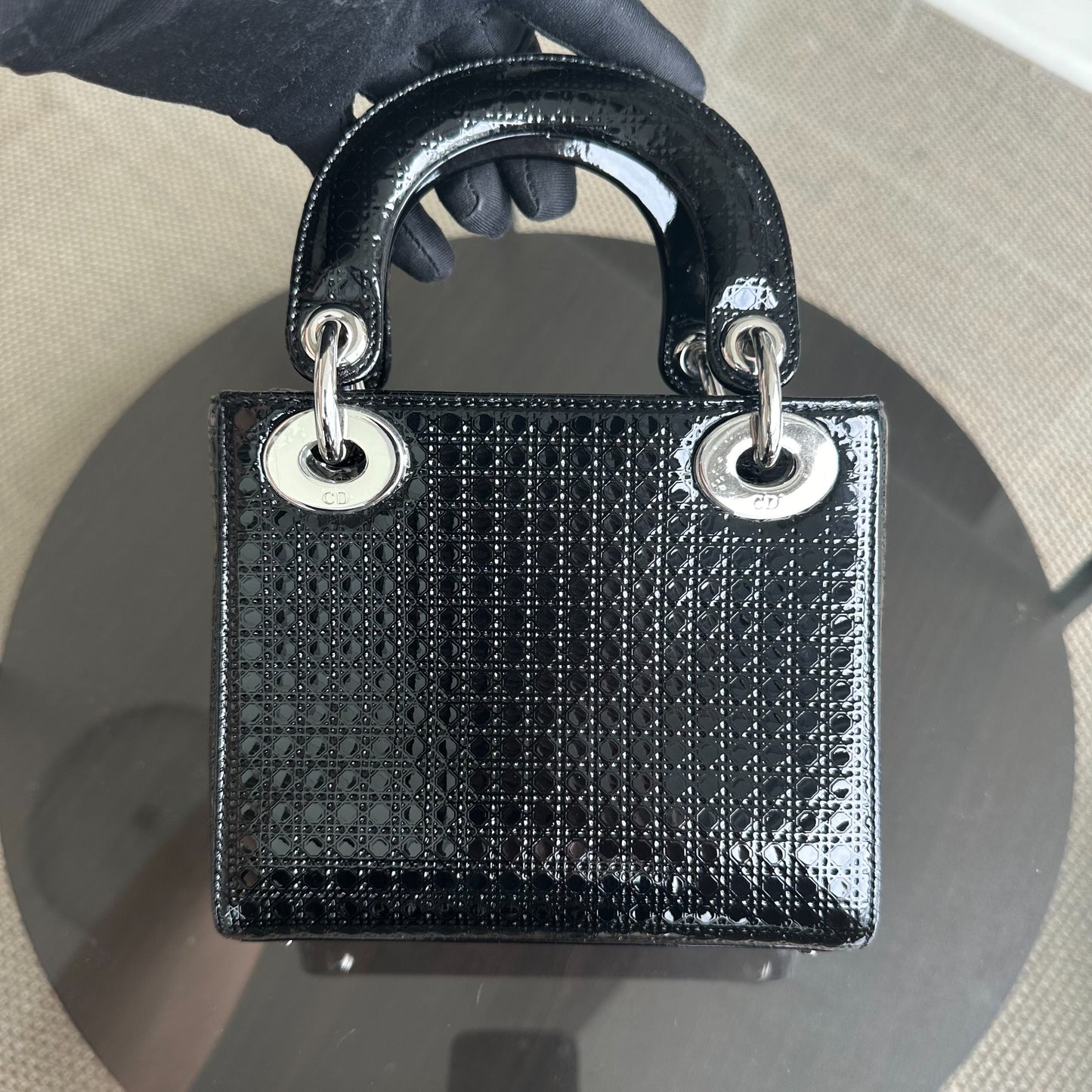 *Adjustable strap* Lady Mini Micro-Cannage Glazed Calfskin Leather Black SHW