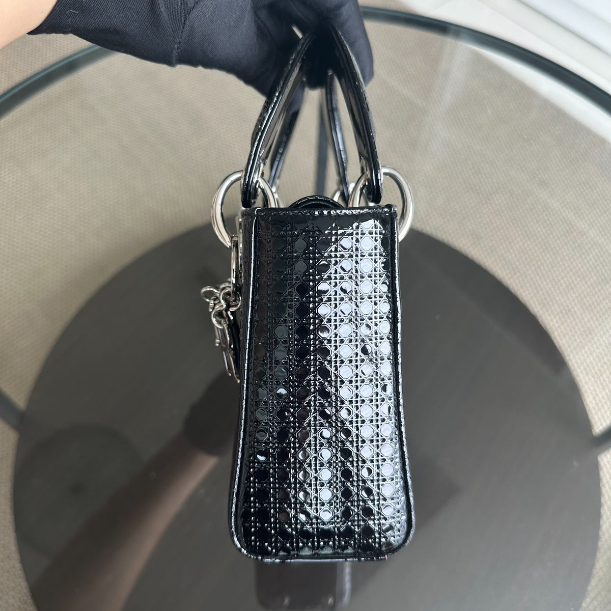 *Adjustable strap* Lady Mini Micro-Cannage Glazed Calfskin Leather Black SHW