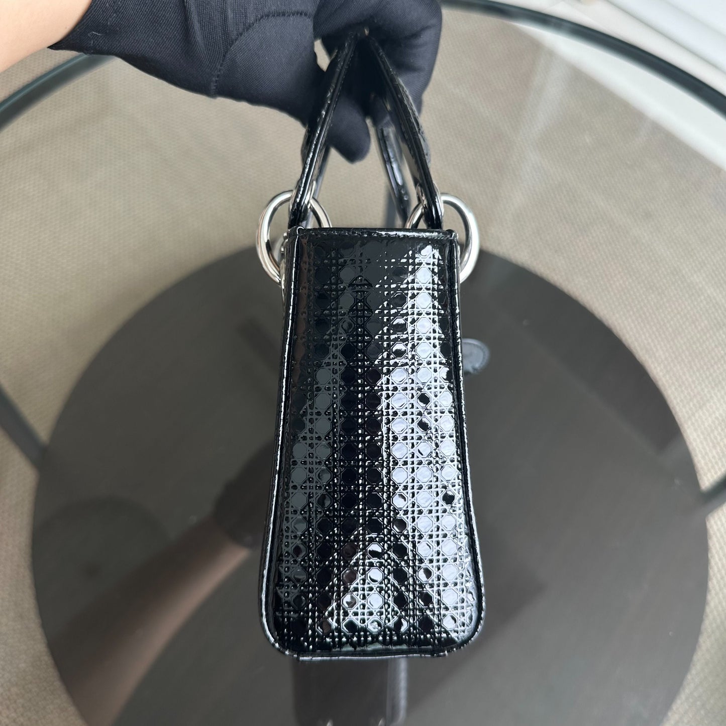*Adjustable strap* Lady Mini Micro-Cannage Glazed Calfskin Leather Black SHW