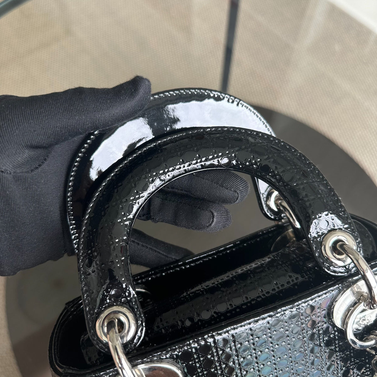 *Adjustable strap* Lady Mini Micro-Cannage Glazed Calfskin Leather Black SHW