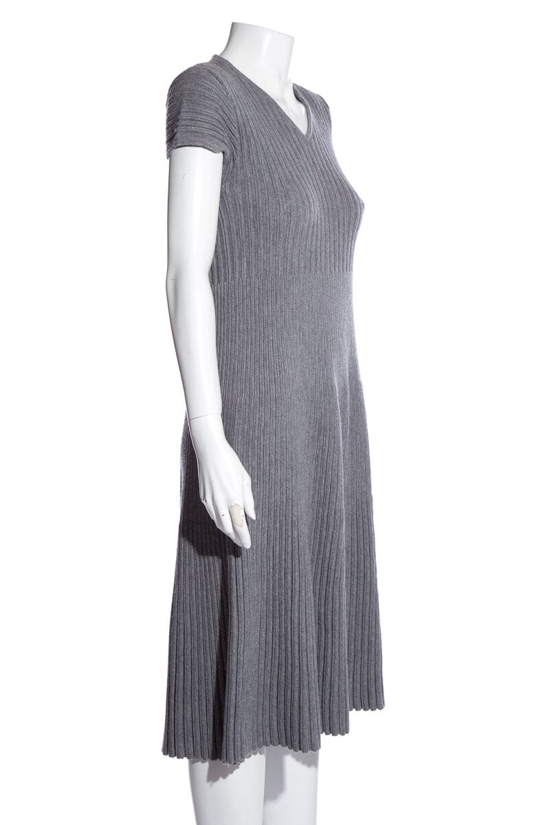 Chanel Grey Wool 2015 Midi Length V-Neck Dress SZ 36