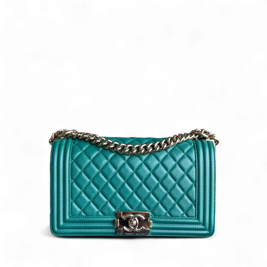 Chanel Boy Medium - 25CM Quilted Lambskin Green Gold Hardware Series 28