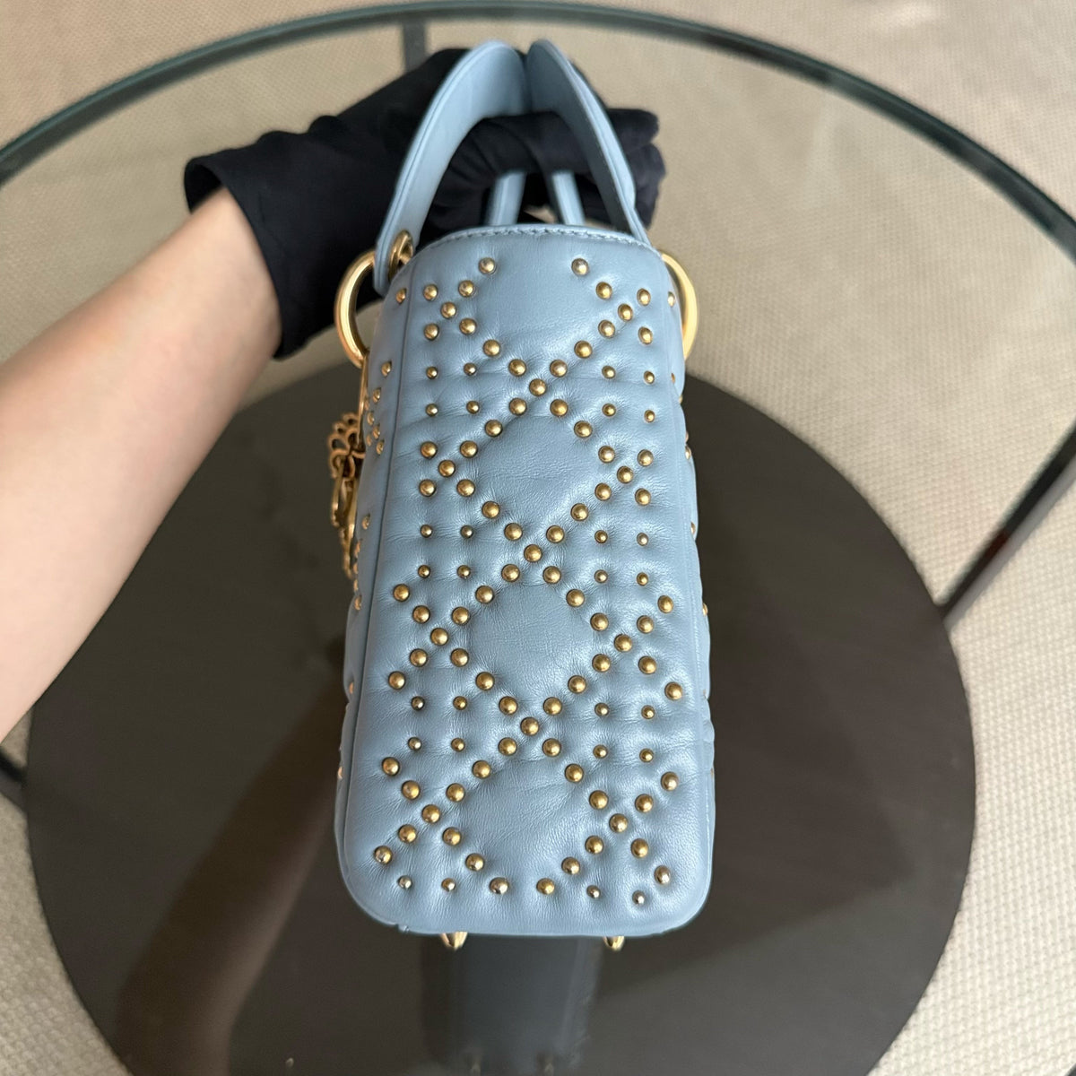 Dior Lady Small Flap - Cannage Calfskin Studded Blue Gold Hardware