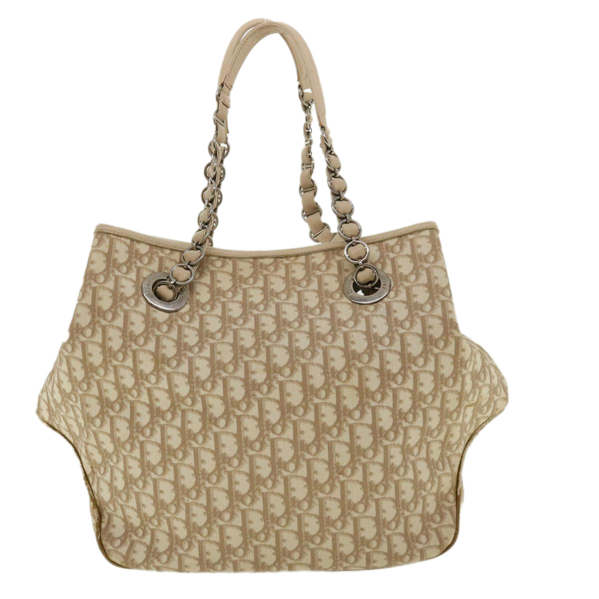 CHRISTIAN DIOR Trotter Canvas Chain Tote Bag PVC Leather Beige Auth am3502