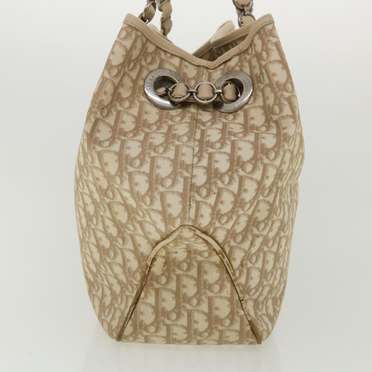 CHRISTIAN DIOR Trotter Canvas Chain Tote Bag PVC Leather Beige Auth am3502