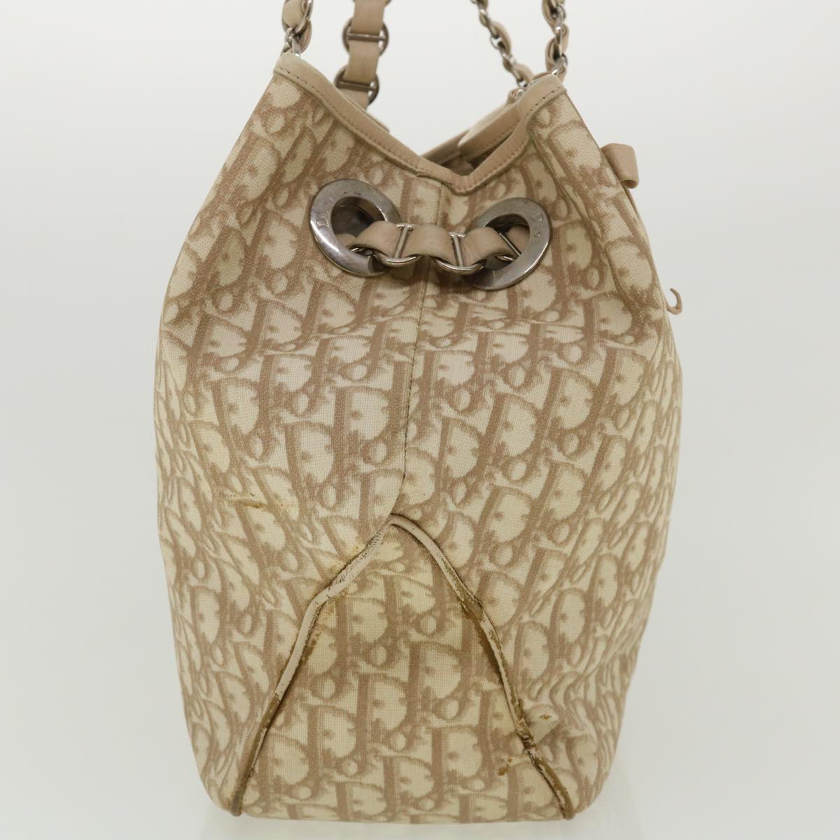 CHRISTIAN DIOR Trotter Canvas Chain Tote Bag PVC Leather Beige Auth am3502