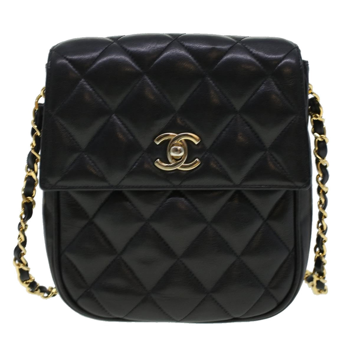 Top Quality Chanel Matelasse Turn Lock Chain Shoulder Bag Lamb Skin Black CC Auth am4542