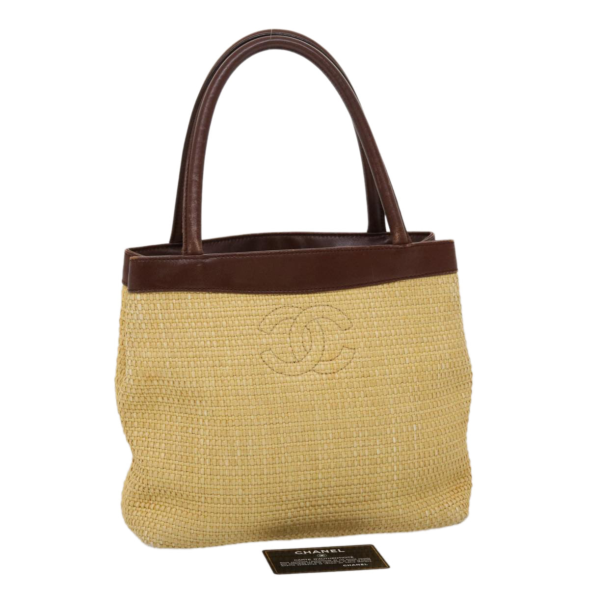 CHANEL Tote Bag Straw Beige CC Auth am4543