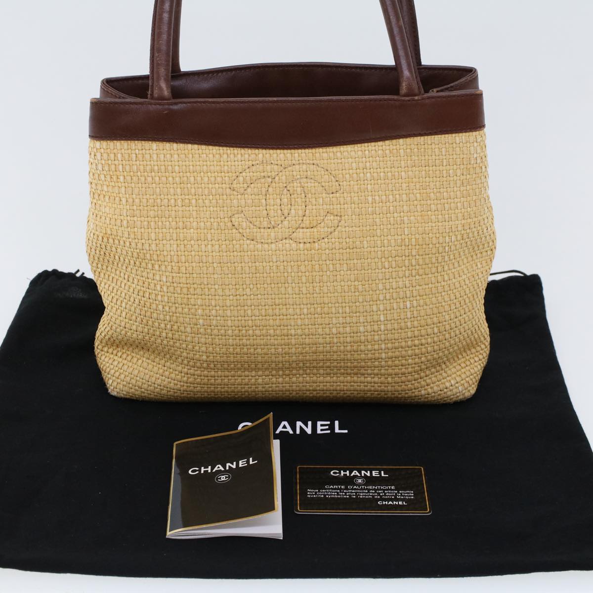 CHANEL Tote Bag Straw Beige CC Auth am4543