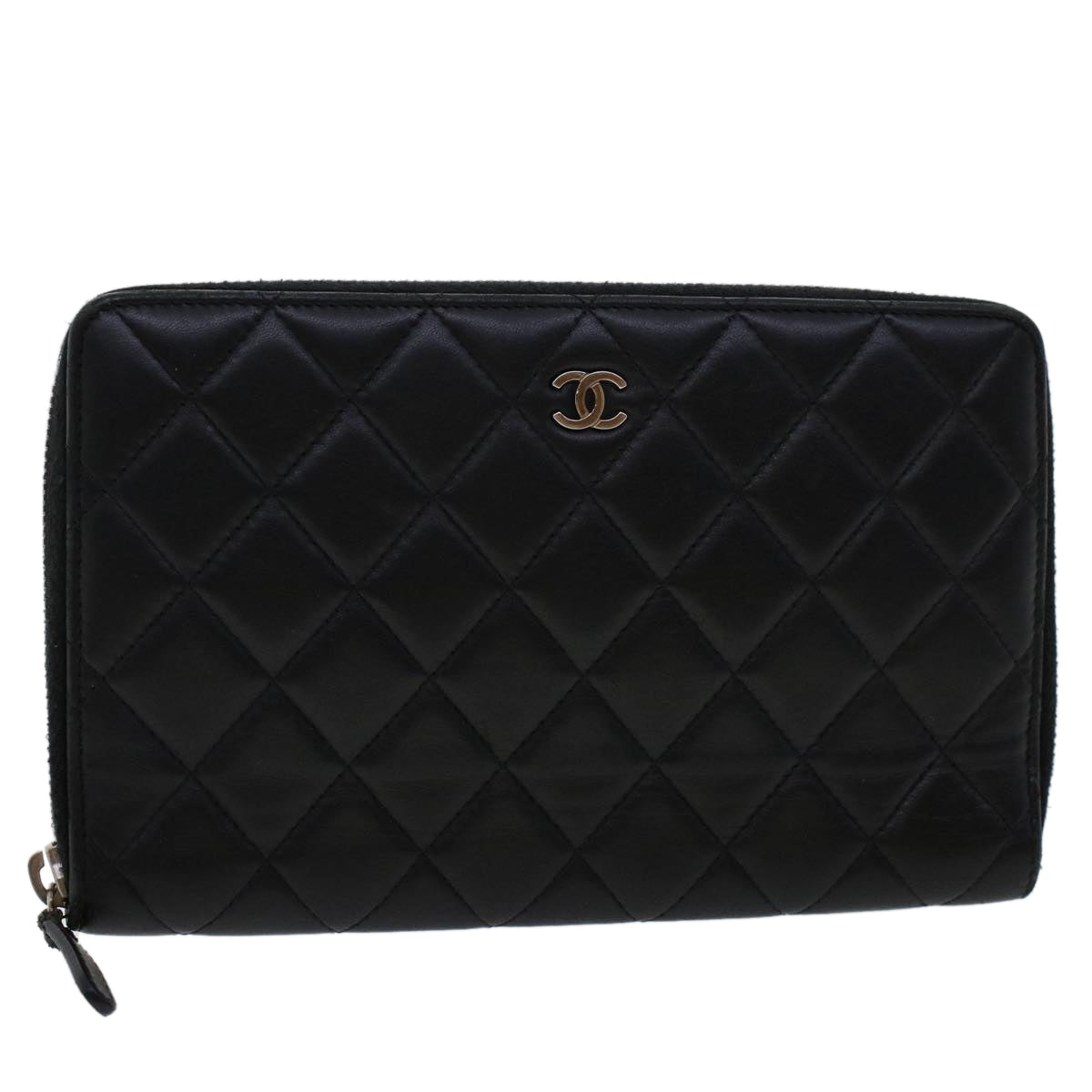 CHANEL Long Wallet Lamb Skin Black CC Auth am4587