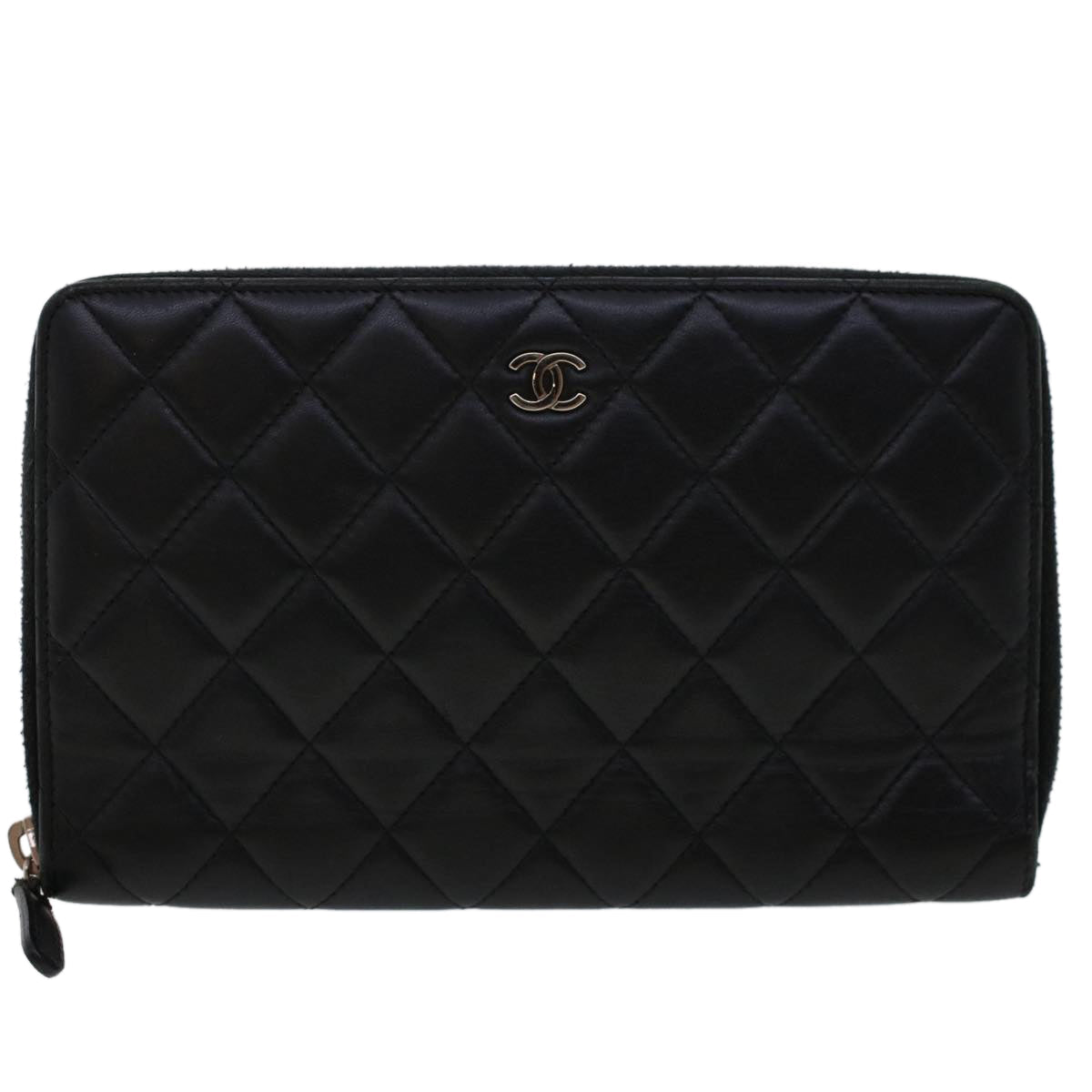 CHANEL Long Wallet Lamb Skin Black CC Auth am4587