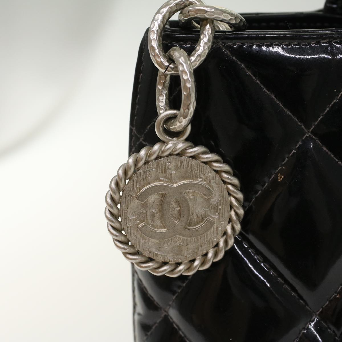 CHANEL Tote Bag Patent leather Reprint Edition Black CC Auth am4745