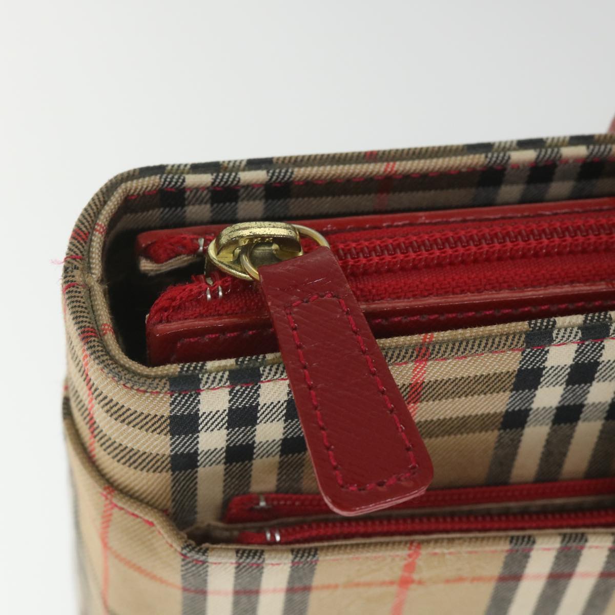 BURBERRY Nova Check Hand Bag Nylon Canvas Beige Red Auth am5133