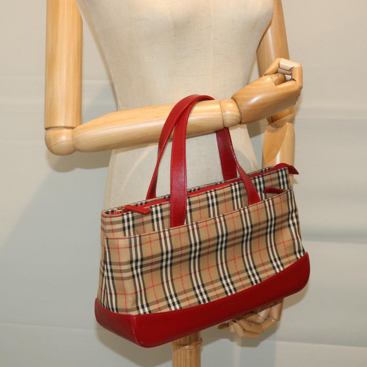 BURBERRY Nova Check Hand Bag Nylon Canvas Beige Red Auth am5133