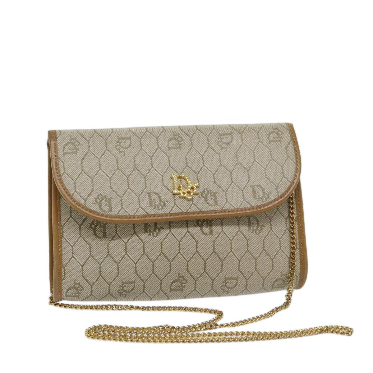 CHRISTIAN DIOR Honeycomb Canvas Chain Shoulder Bag PVC Beige Auth am5929