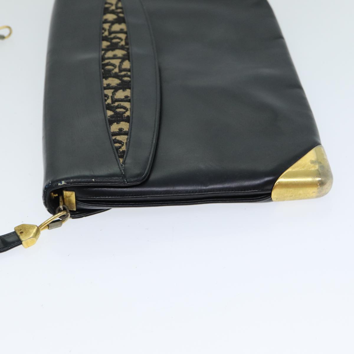 CHRISTIAN DIOR Trotter Canvas Shoulder Bag Leather Navy Black Auth am6449