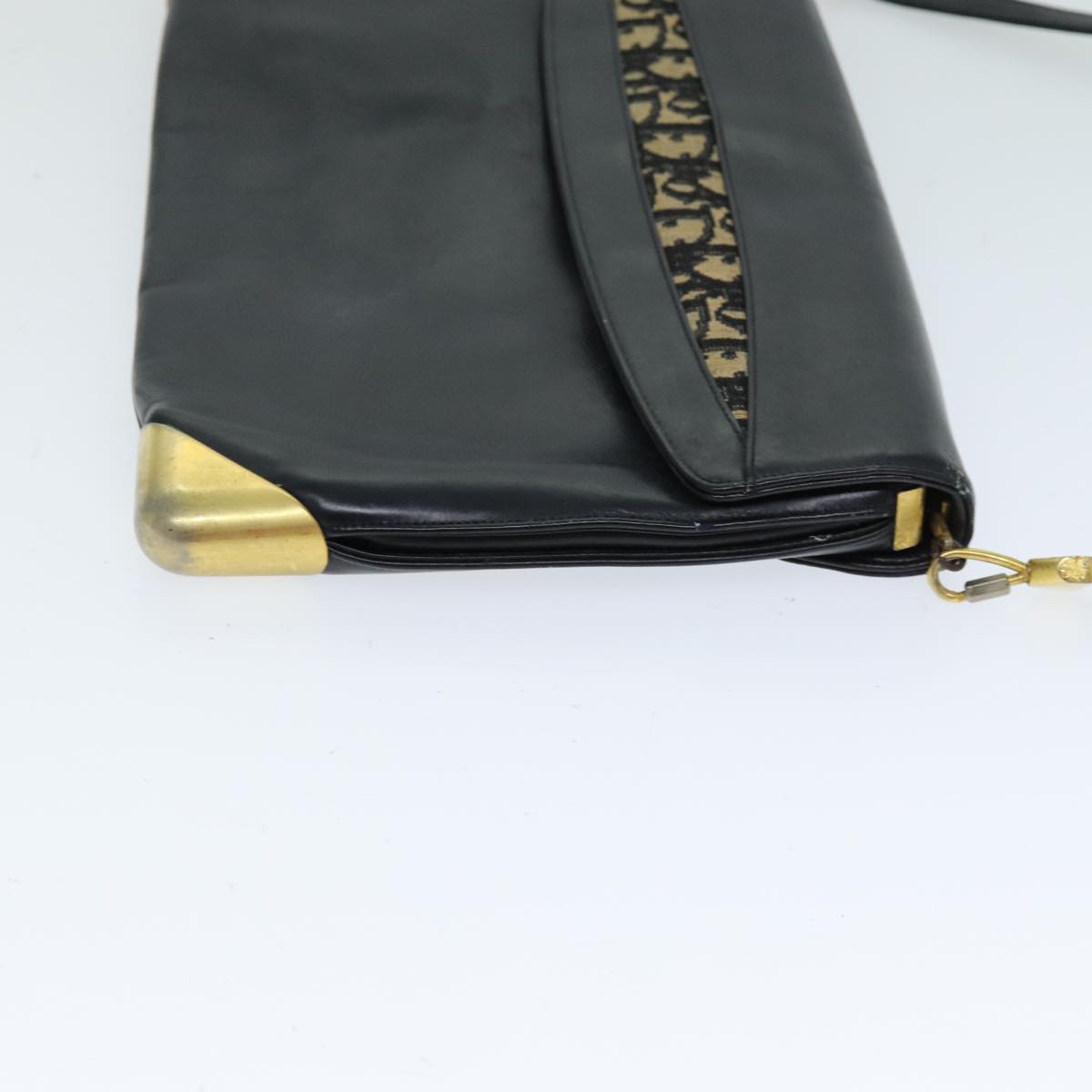CHRISTIAN DIOR Trotter Canvas Shoulder Bag Leather Navy Black Auth am6449