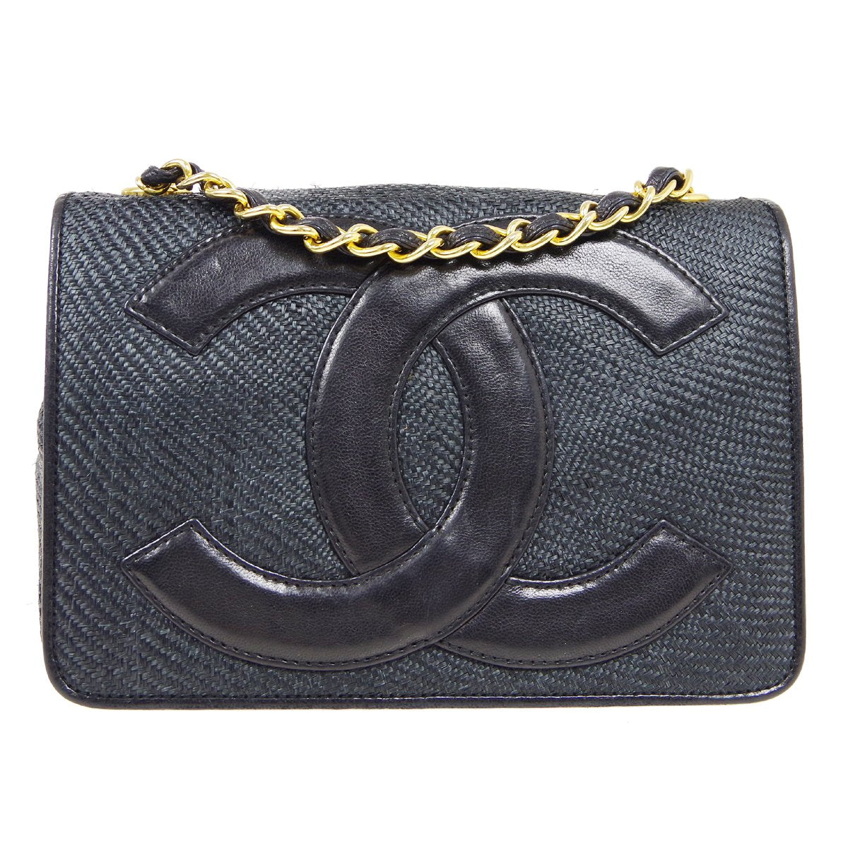 CHANEL 1986-1988 CC Stitch Full Flap Mini Black Straw ao34348