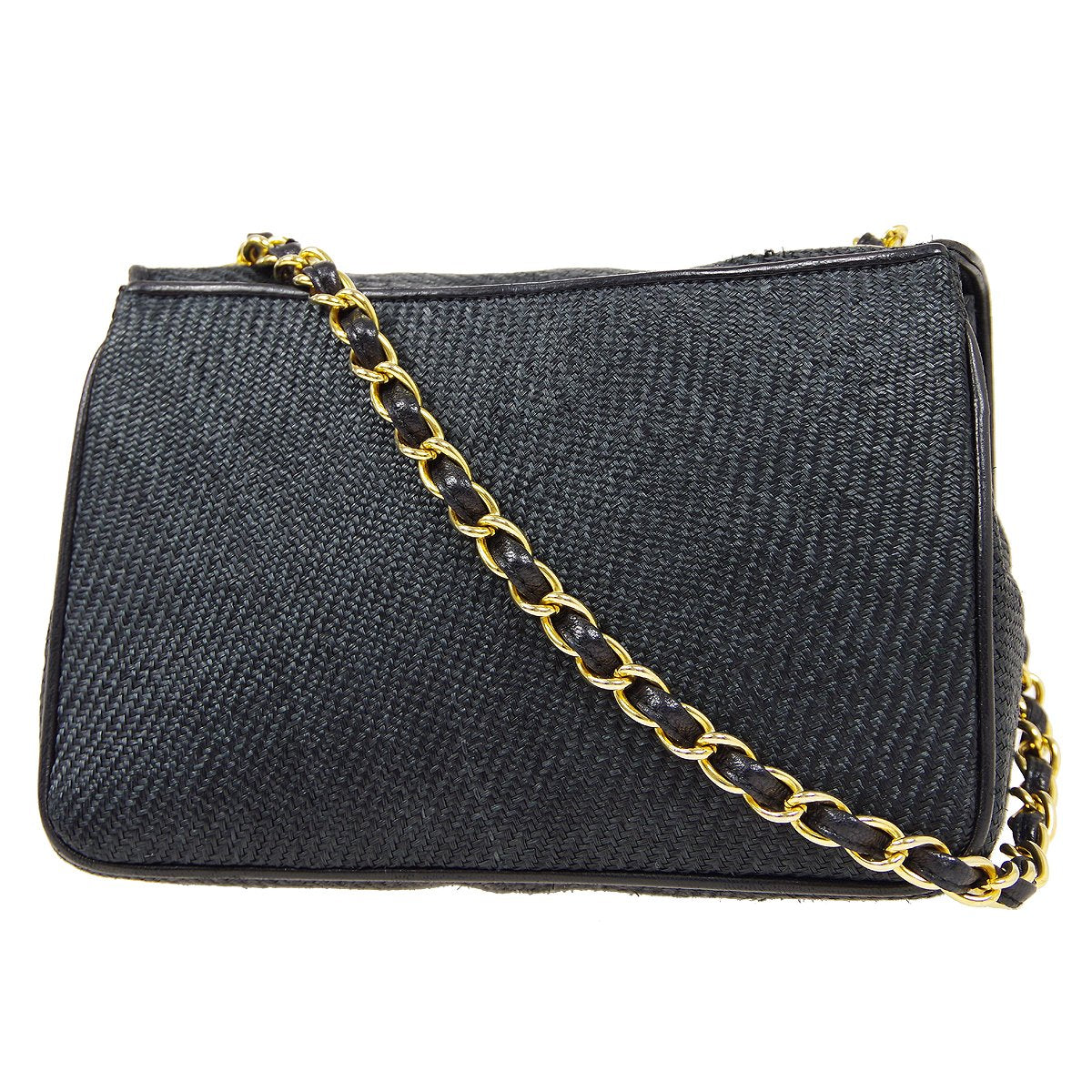 CHANEL 1986-1988 CC Stitch Full Flap Mini Black Straw ao34348