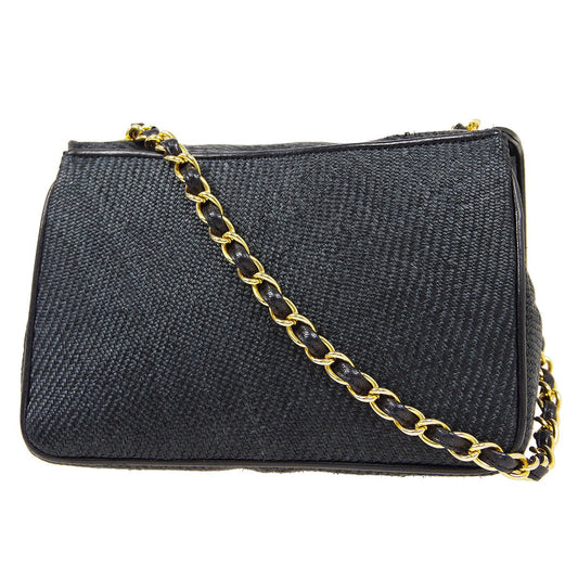 CHANEL 1986-1988 CC Stitch Full Flap Mini Black Straw ao34348
