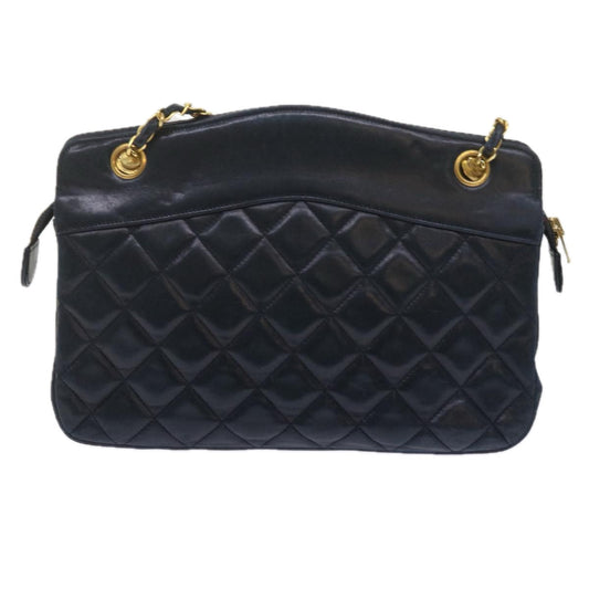 CHANEL Matelasse Chain Shoulder Bag Lamb Skin Navy CC Auth ar11052
