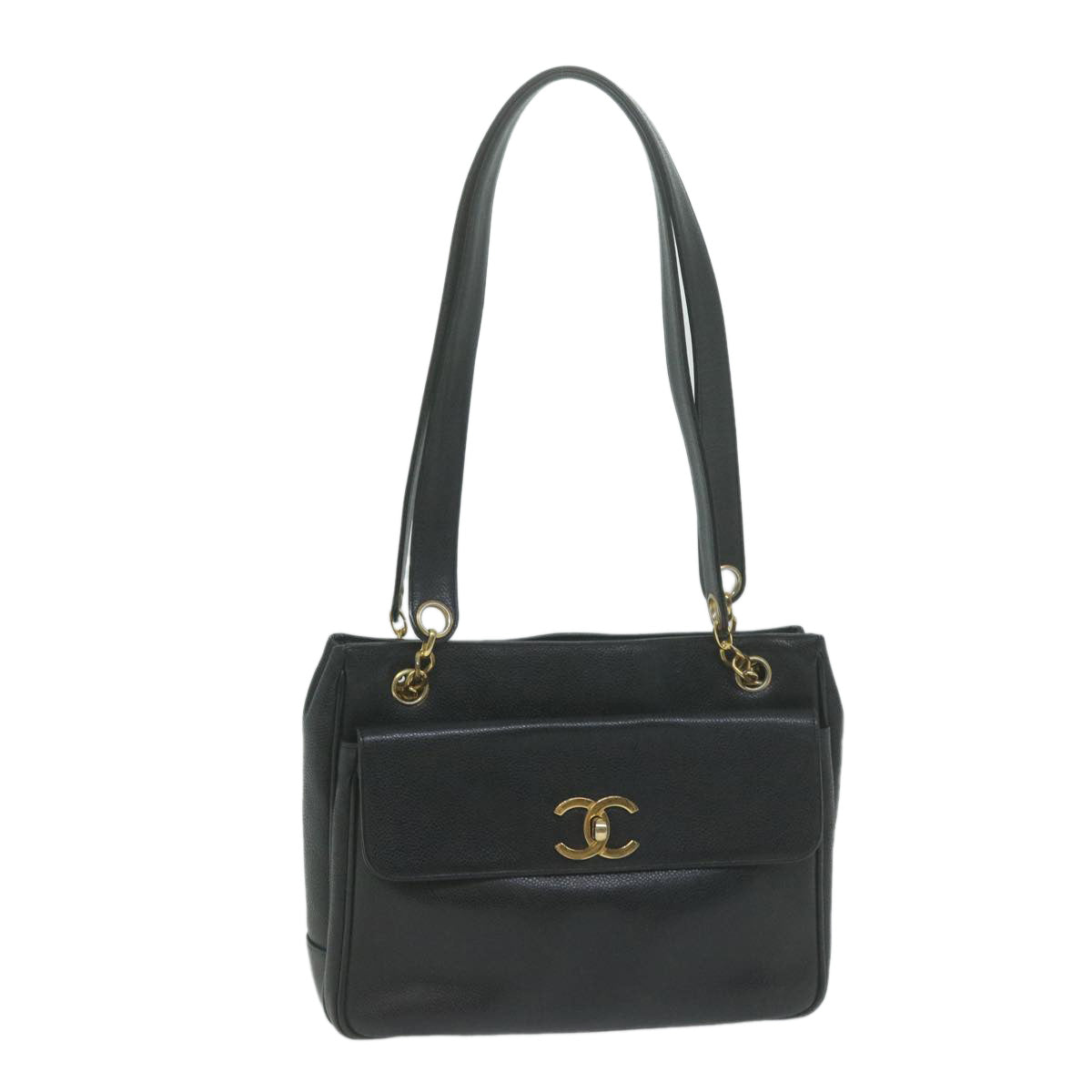 CHANEL Chain Turn Lock Shoulder Bag Caviar Skin Black CC Auth ar11351