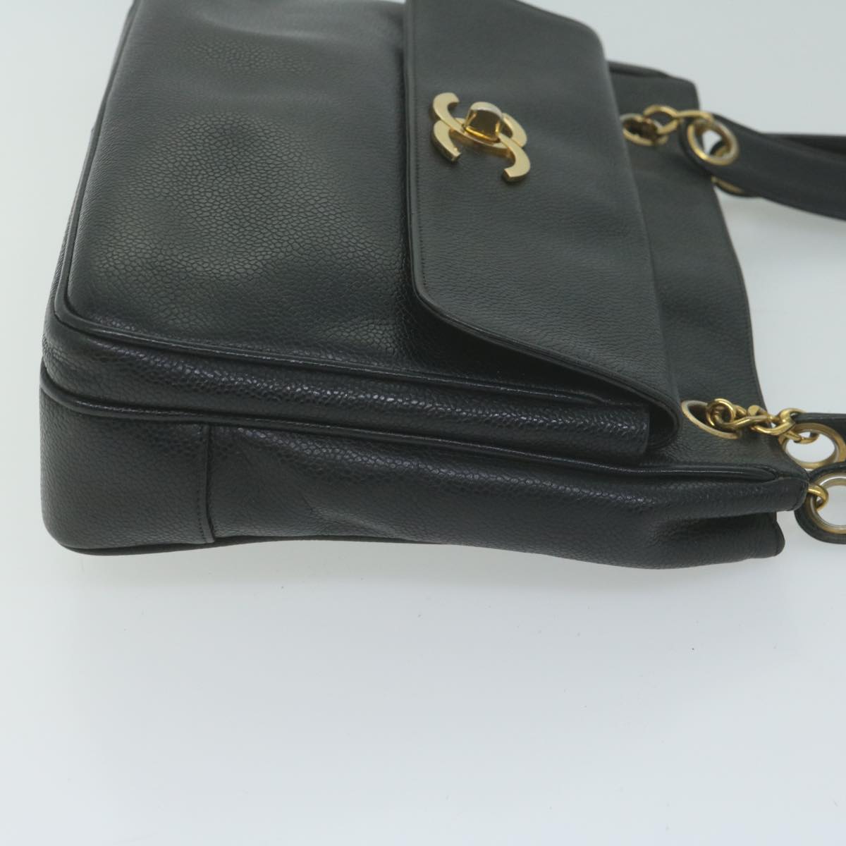 CHANEL Chain Turn Lock Shoulder Bag Caviar Skin Black CC Auth ar11351
