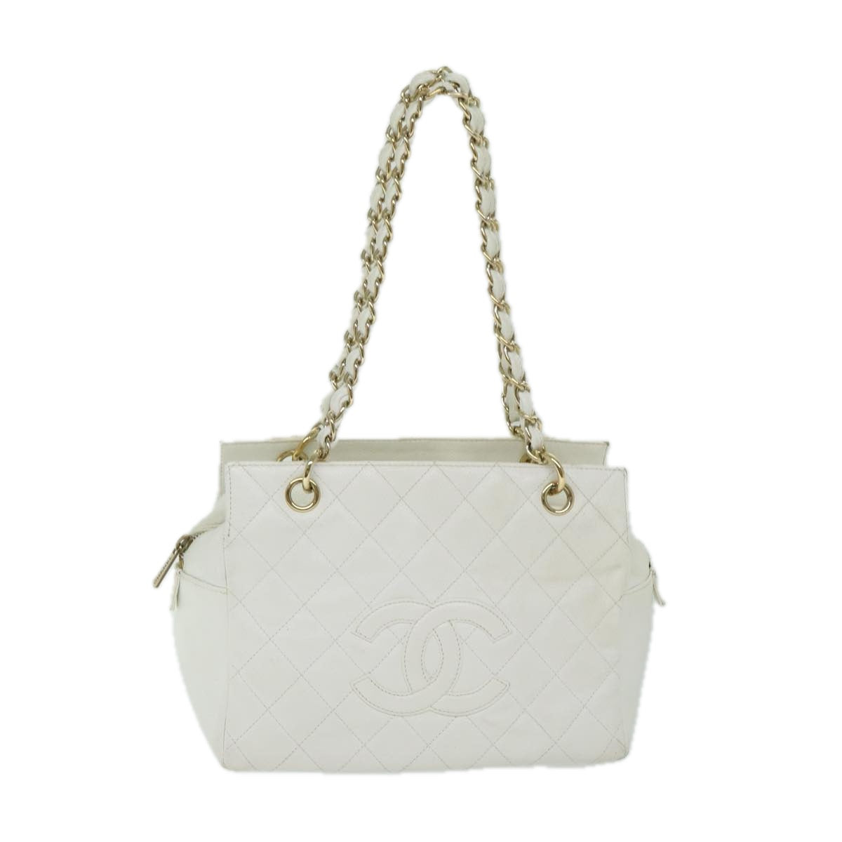Top Quality Chanel Matelasse Chain Shoulder Bag Caviar Skin White CC Auth ar11502