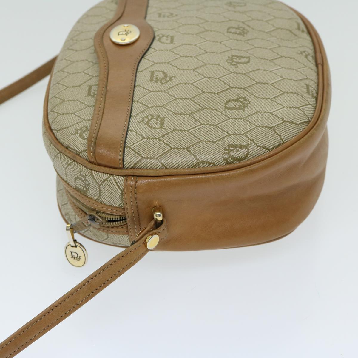 CHRISTIAN DIOR Honeycomb Canvas Shoulder Bag PVC Leather Beige Auth ar11540