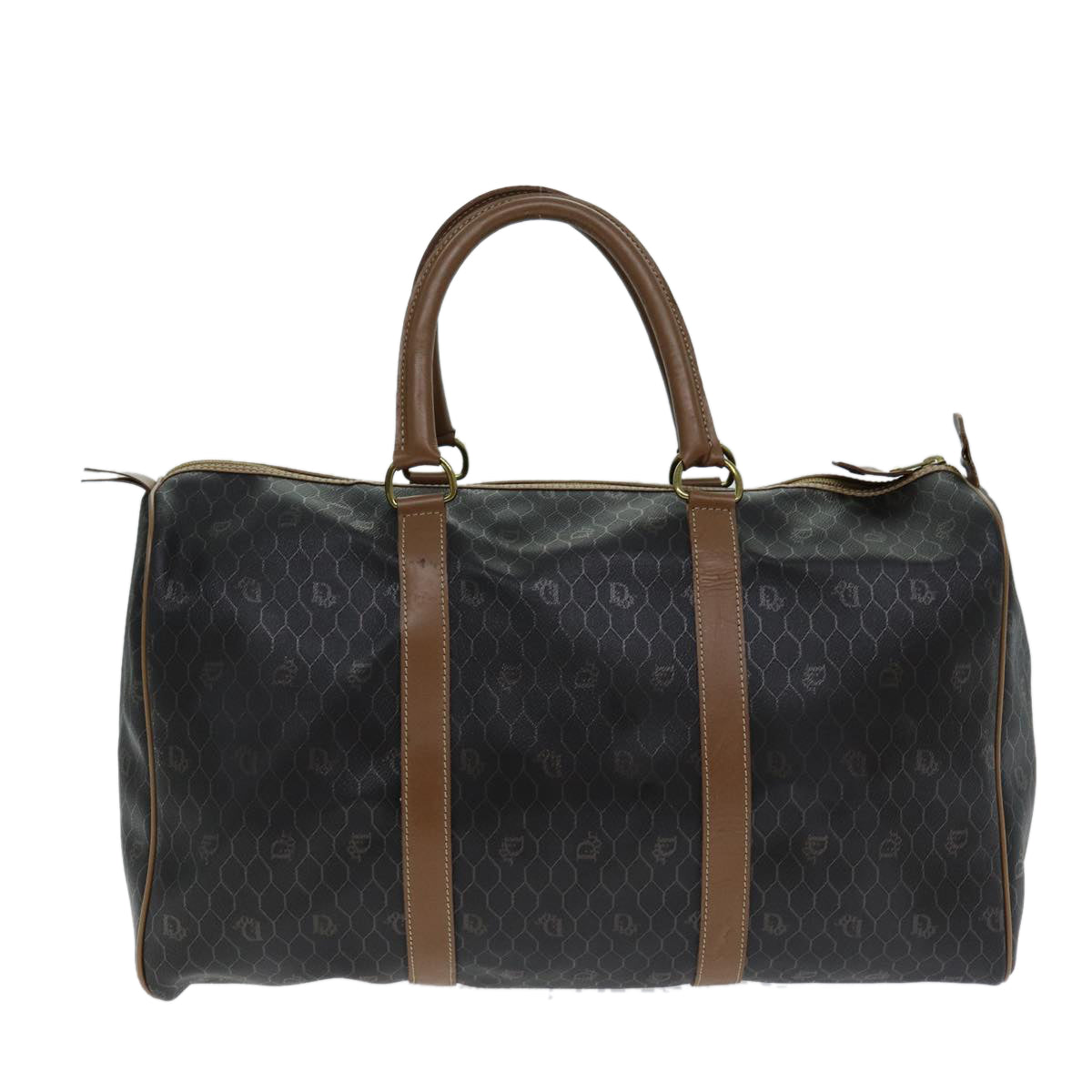 CHRISTIAN DIOR Honeycomb Canvas Boston Bag PVC Leather Black Auth ar12002