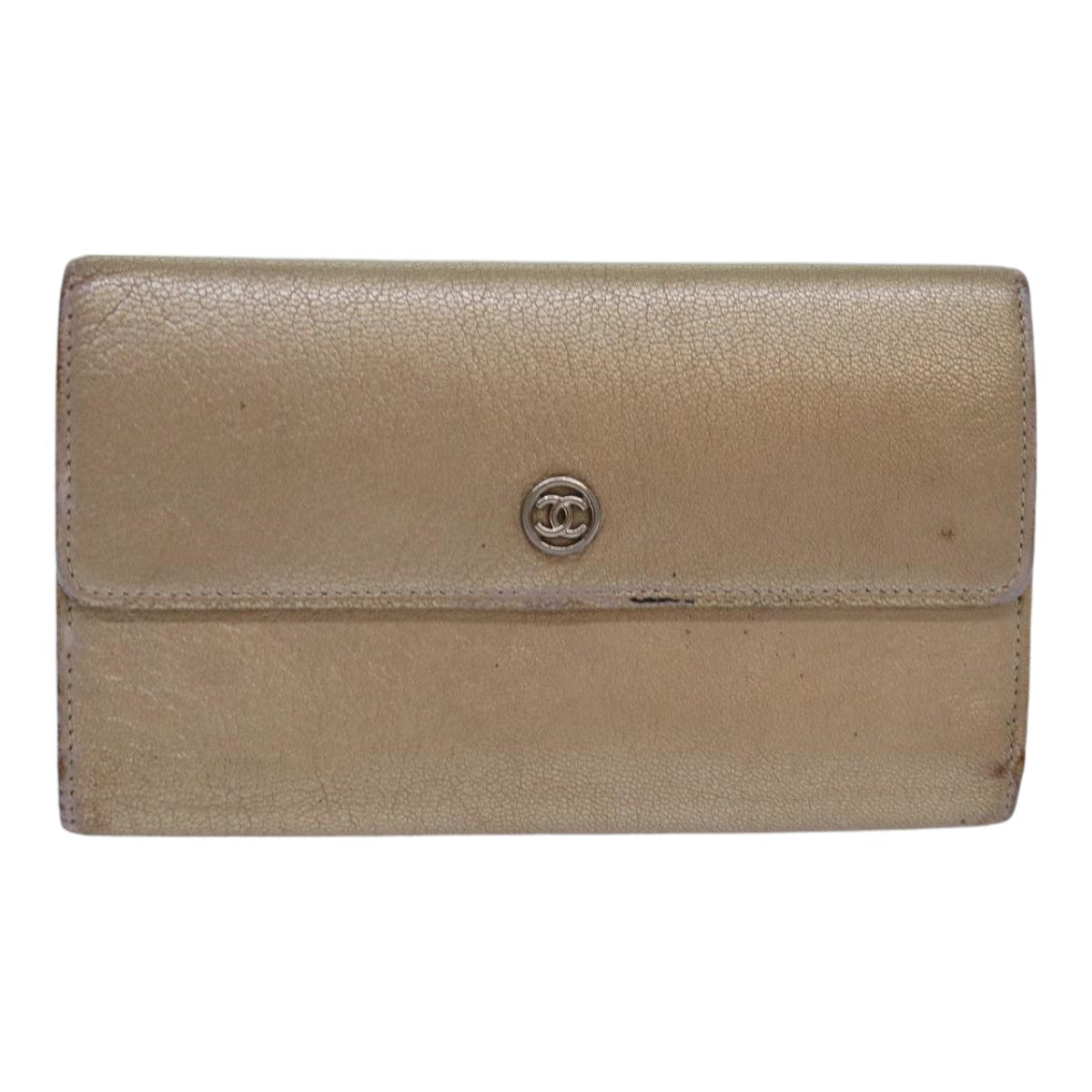Top Quality Chanel COCO Mark Wallet Leather Beige Silver CC Auth ar12390