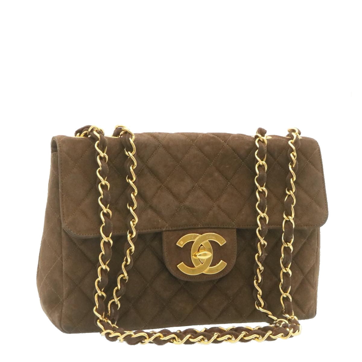 CHANEL Matelasse 30 Double Chain flap Shoulder Bag Suede Brown CC Auth ar4582