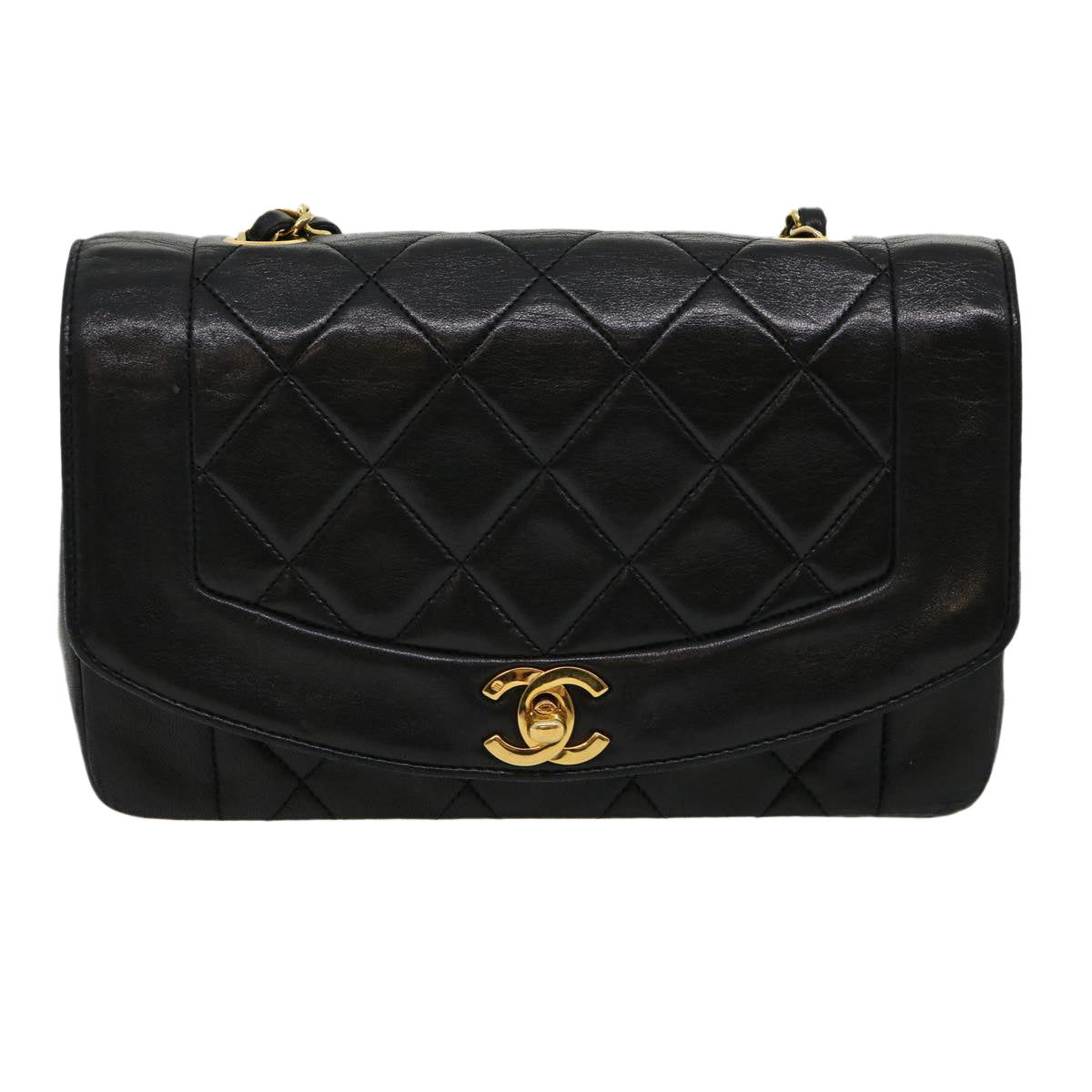Top Quality Chanel Matelasse Diana Turn Lock Chain Shoulder Bag Lamb Skin Black Auth ar7368A