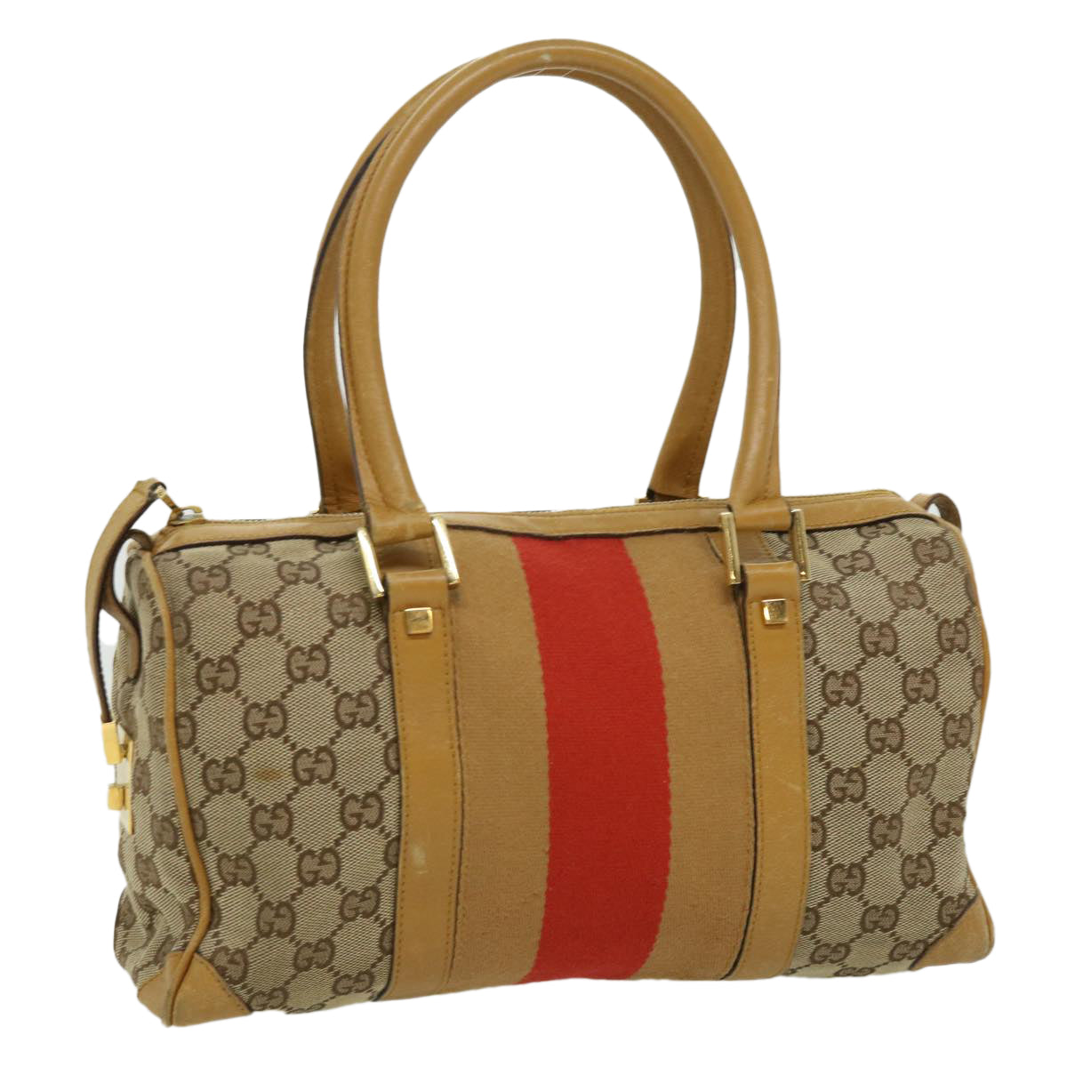 Gucci GG Canvas Sherry Line Hand Bag Beige Brown Red 0000851001553  ar7441