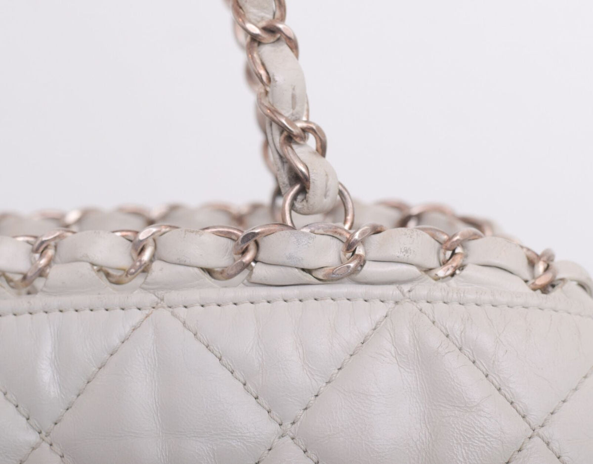 Chanel White Leather Silver Cc Chain