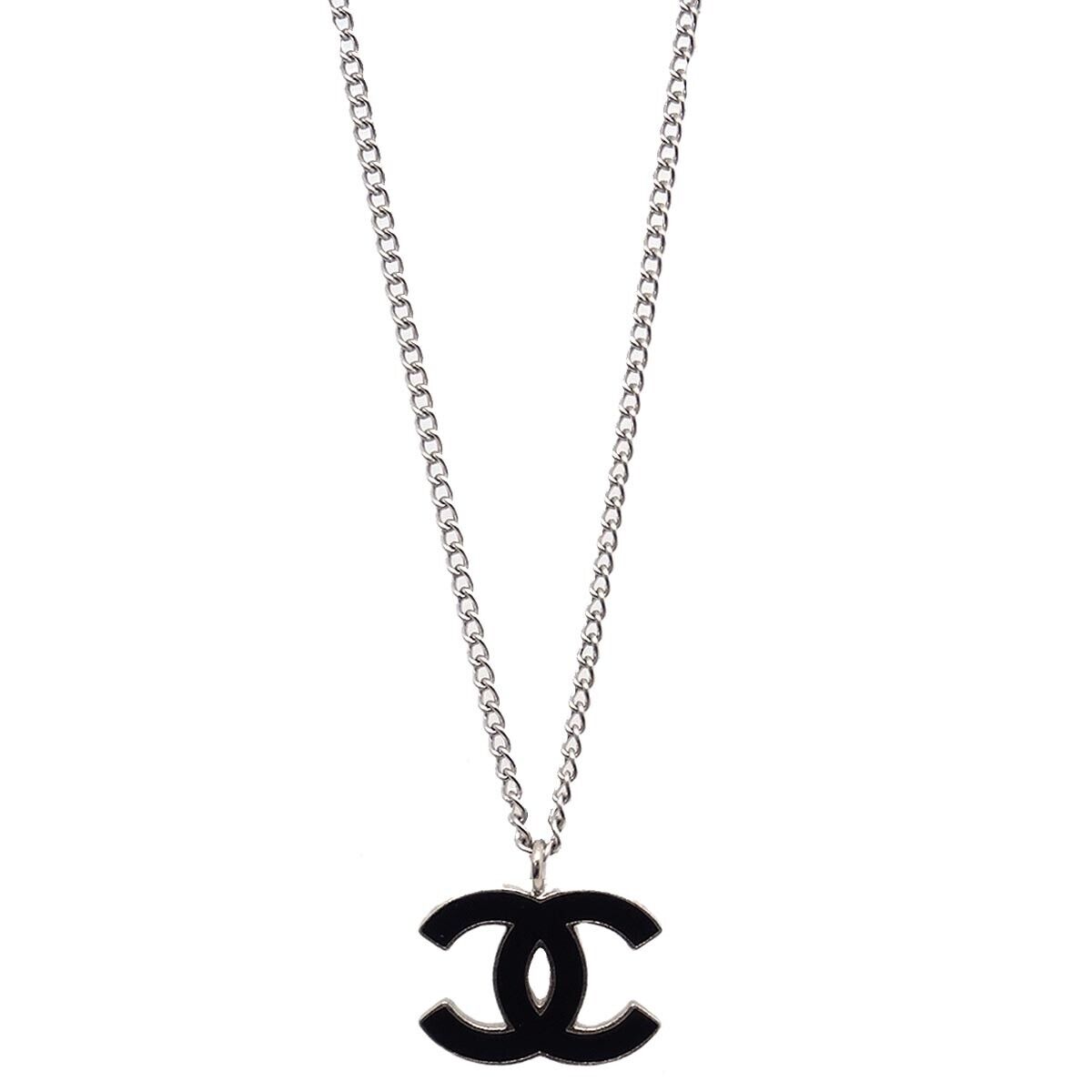 Chanel Chain Necklace Silver Black 04P