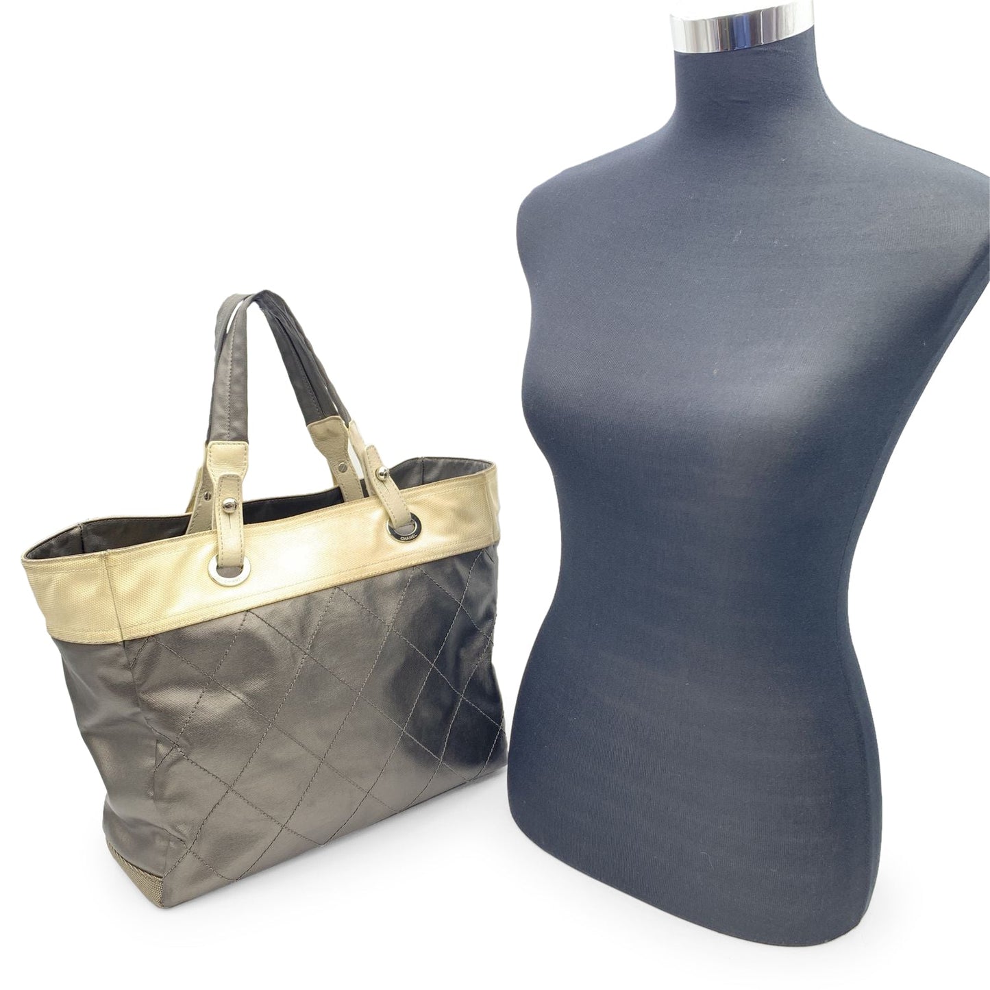 Top Quality Chanel Gray Metallic Quilted Canvas Paris Biarritz Tote Bag