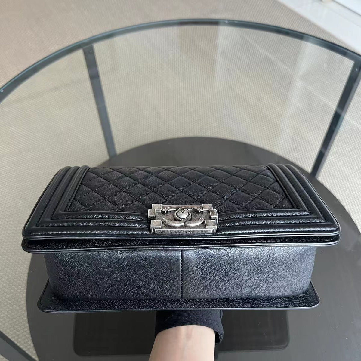 Calfskin Boy Old Medium 25CM Medium Quilted Black Ruthenium Silver Hardware Series 18