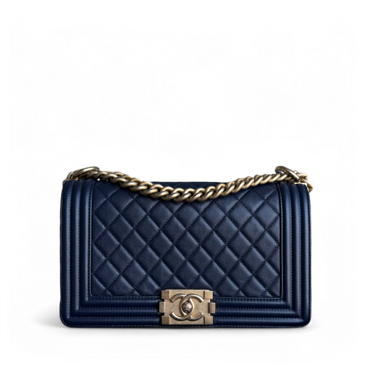 Chanel Boy Medium - Caviar 25CM Quilted Dark Navy Blue Gold Hardware Series 24