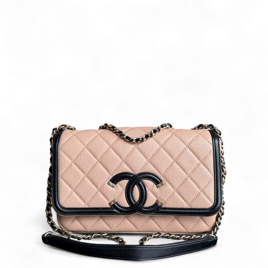 Chanel Filigree Flap Small - Caviar Quilted Black Beige Gold Hardware Series 24