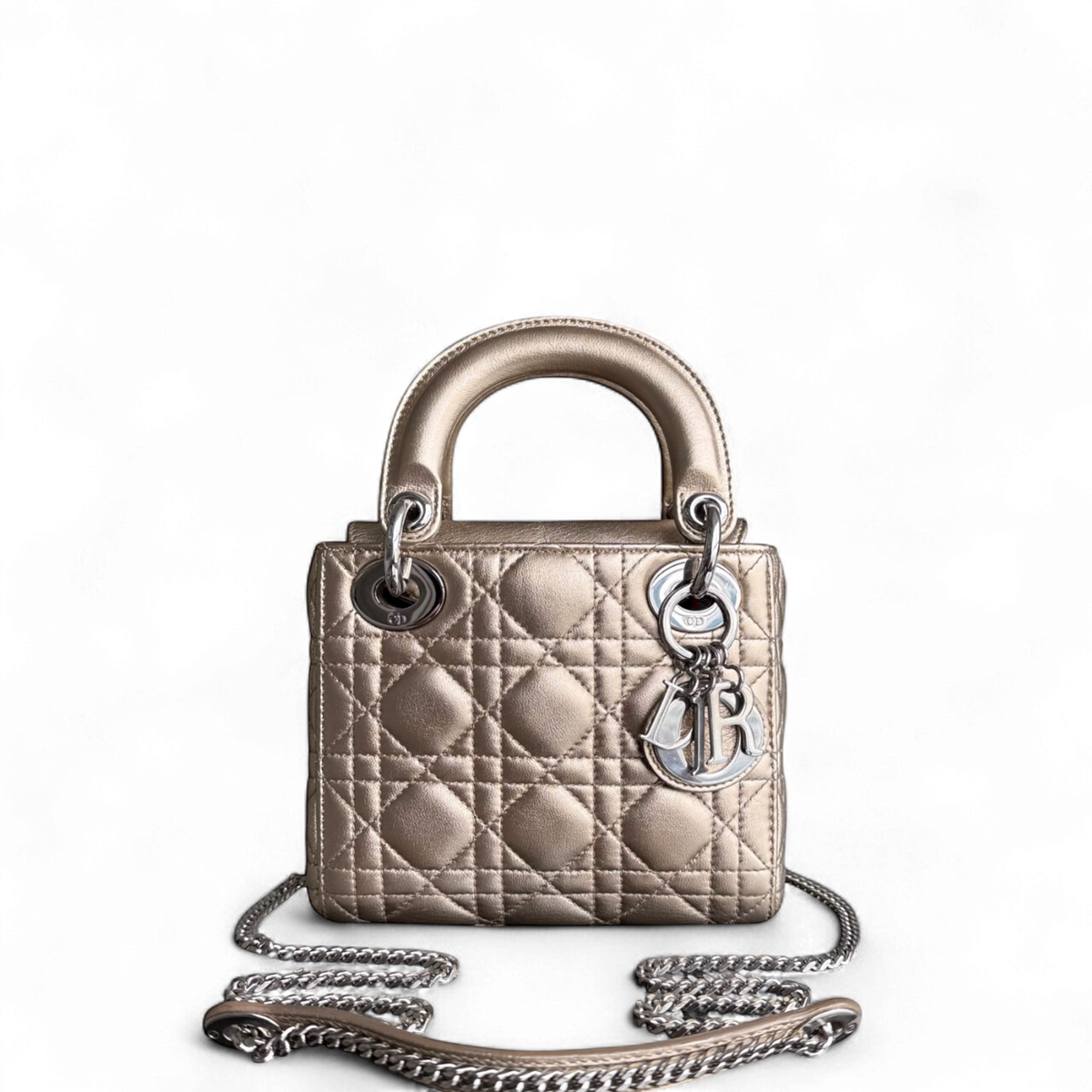 Dior Lady Mini - Cannage Lambskin Gold Silver Hardware Chain Strap